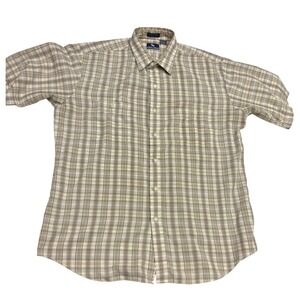 Steeplechase Mens Large Plaid Short Sleeve Button Down Shirt - Tan Brown Casual‎
